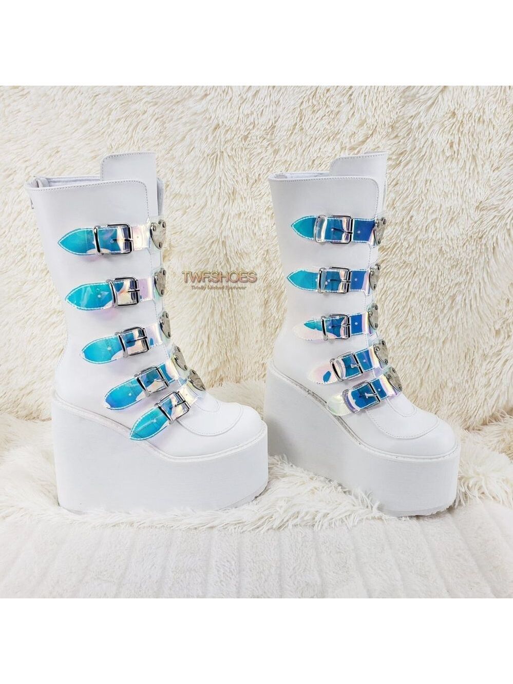 Swing White Platform Goth Boots Heart Buckle Straps Cyber Stomper Festival